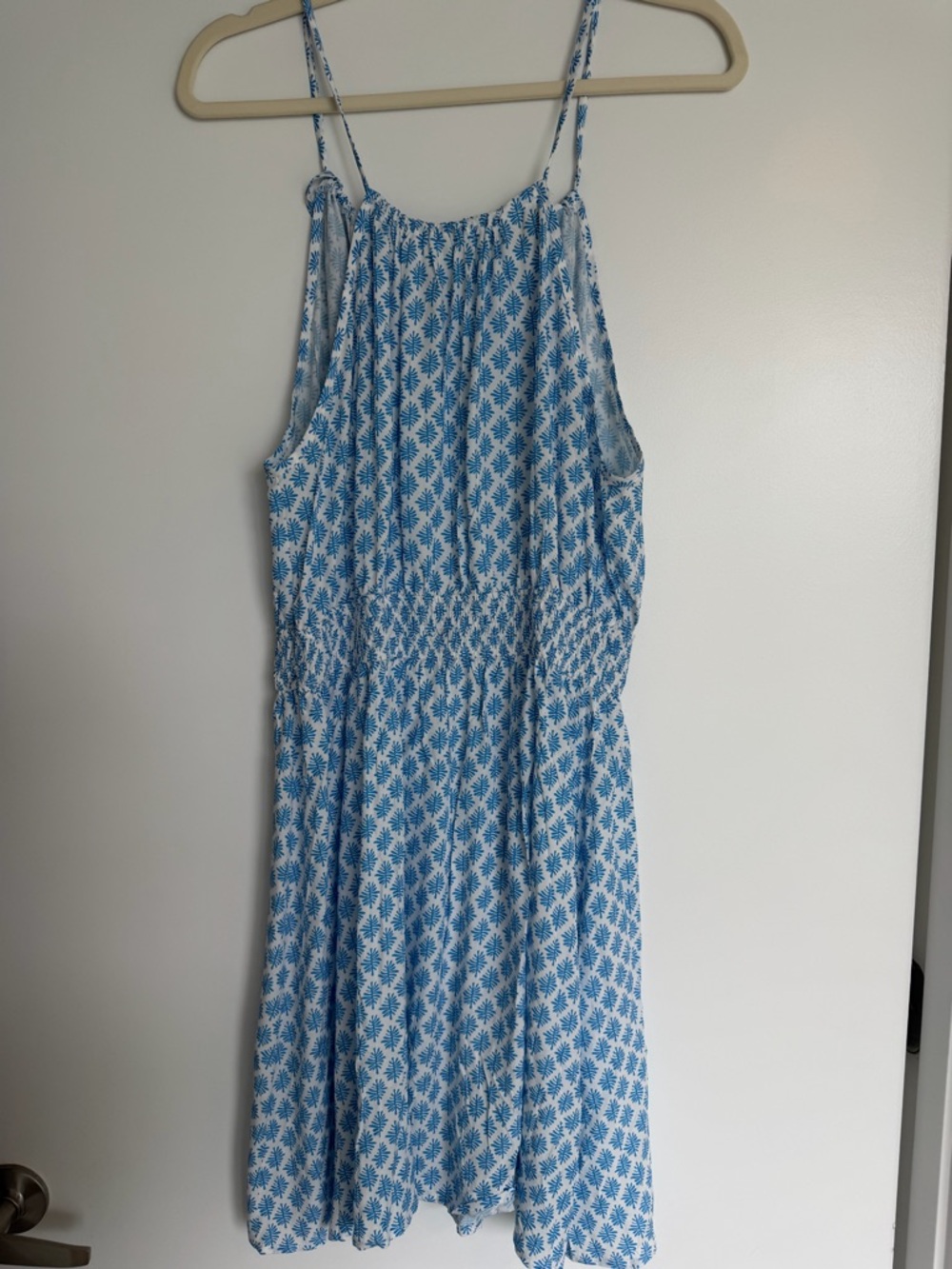 Cupshe Blue & White Floral Mini Dress – Smocked Waist, Strappy Summer Dress (M)